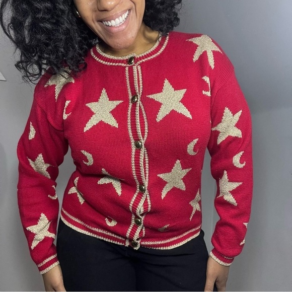 Vintage Americana Red Stars Sweater Patriotic Knit Cardigan Glitter Festive July - Picture 10 of 14